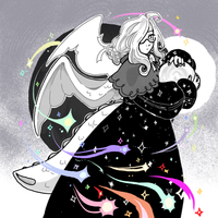 A black and white line drawing of Phi, holding their world.  Colourful pastel shooting stars swirl around him.