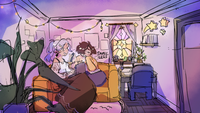 A coloured thumbnail sketch of two figures sat on a yellow sofa in a cosy room.  one sits cross-legged, a stylus in hand and a notepad on his lap, and the other is tapping away at a laptop.