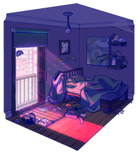 Digital art of a messy bedroom in dull purples and teals. Strange red light pours in from the city outside, the bars of the balcony-window casting a harsh shadow.